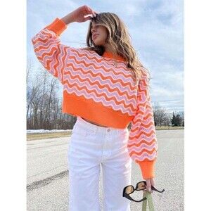 H&M Divided Orange Jacquard Sweater Relaxed Fit Womens Size L Cozy Fun Fall Sun